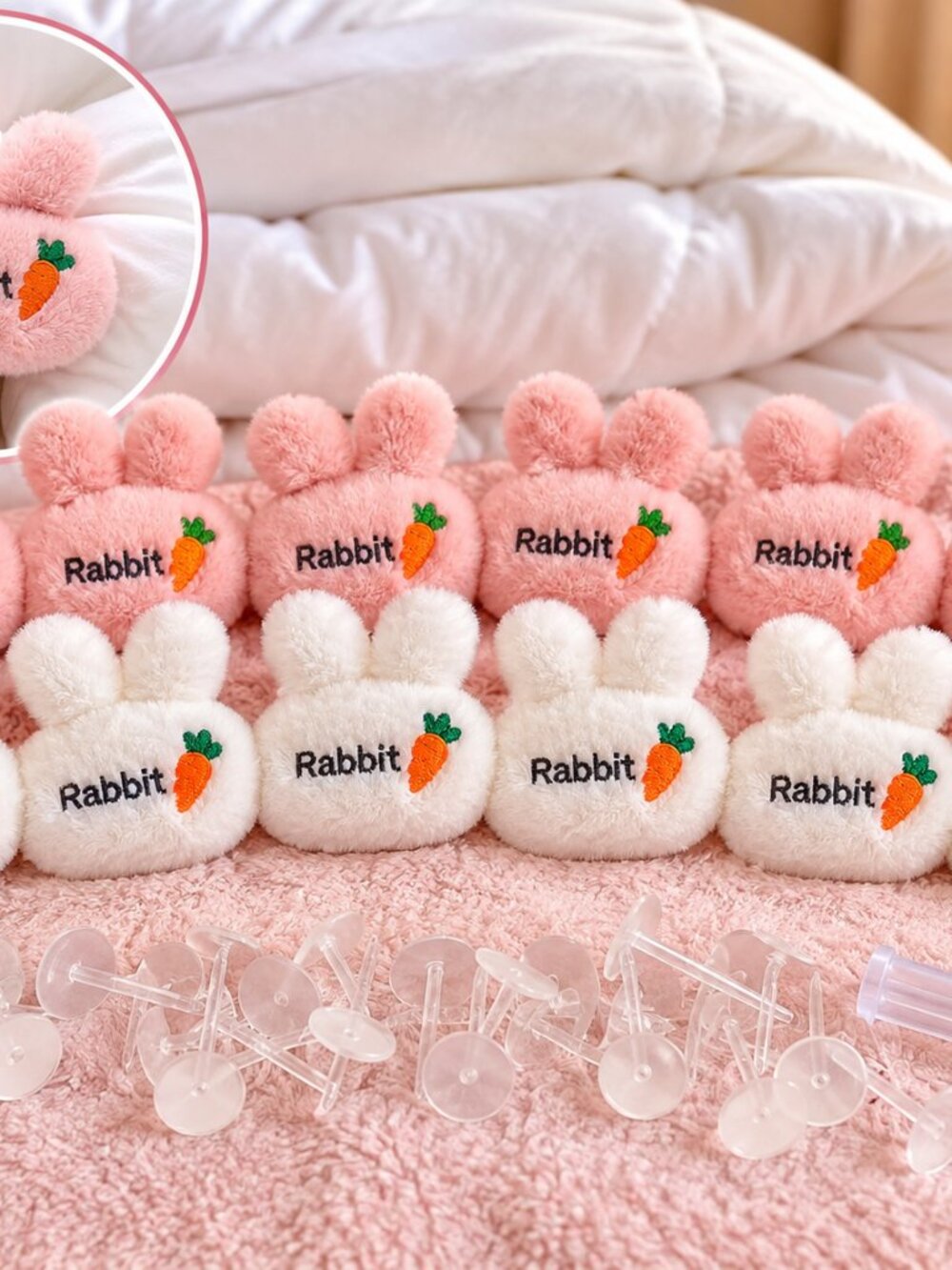 Set of 16 Plush Bunny Duvet Clips – Pink & White Comforter Fasteners